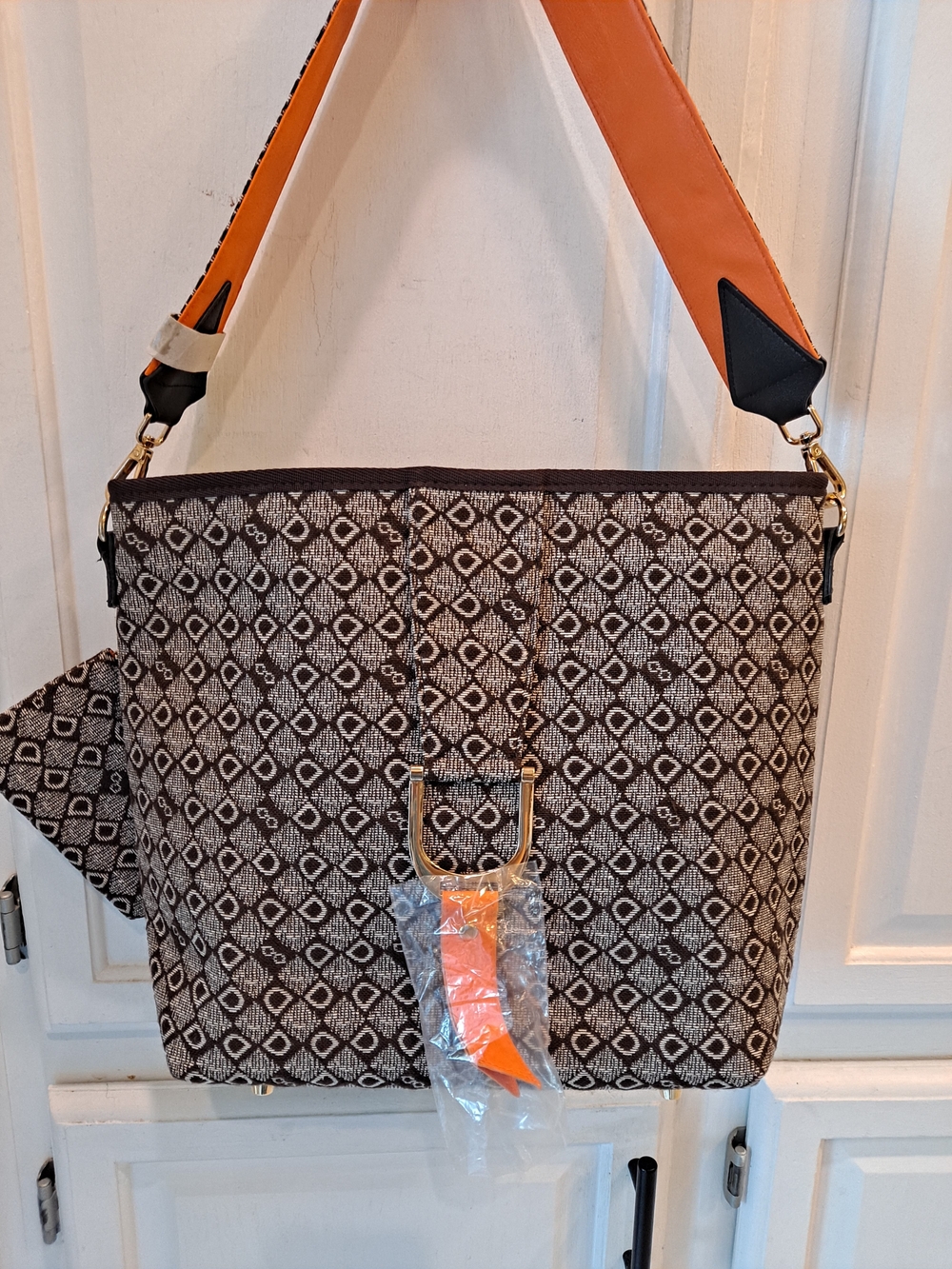 Dasti Brown Monogram Patterned Crossbody & Wallet Set Orange Accent Tote NWOT
